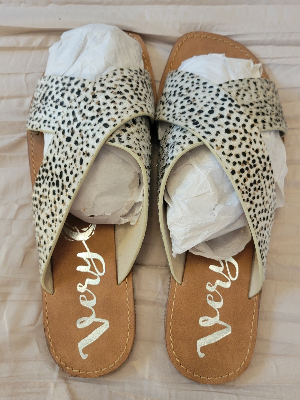 Very G White Black Speckled Crossband Slide Sandals